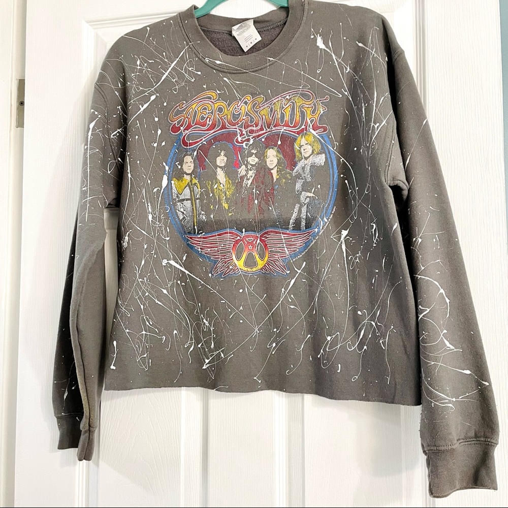 Aerosmith Band Cropped Crewneck with Paint Splatter
